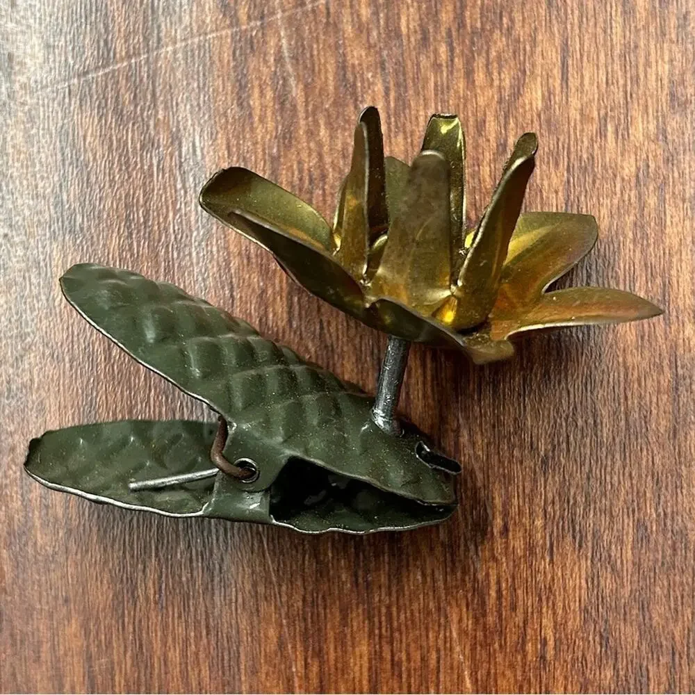Vintage 1940s Gold & Green Metal Floral Clip-On Christmas Tree Candle Ornaments